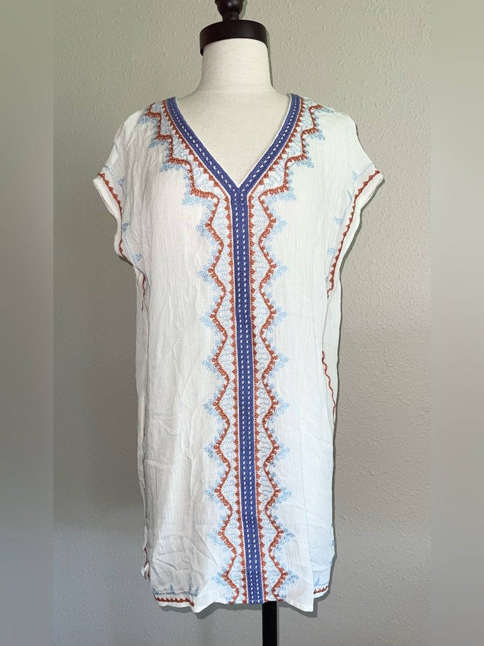 THML White Tunic with Light Blue and Rust Embroidery S